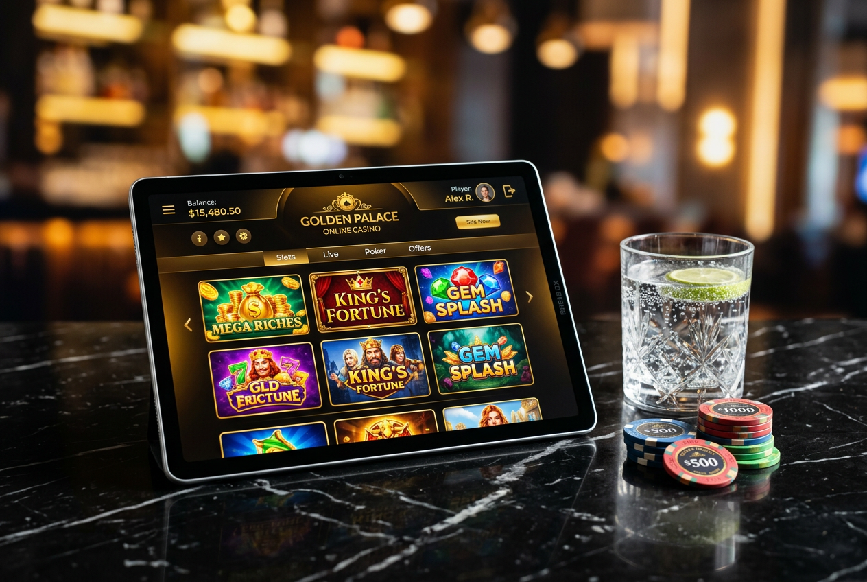 A high-end tablet displaying a premium online casino interface with golden accents.