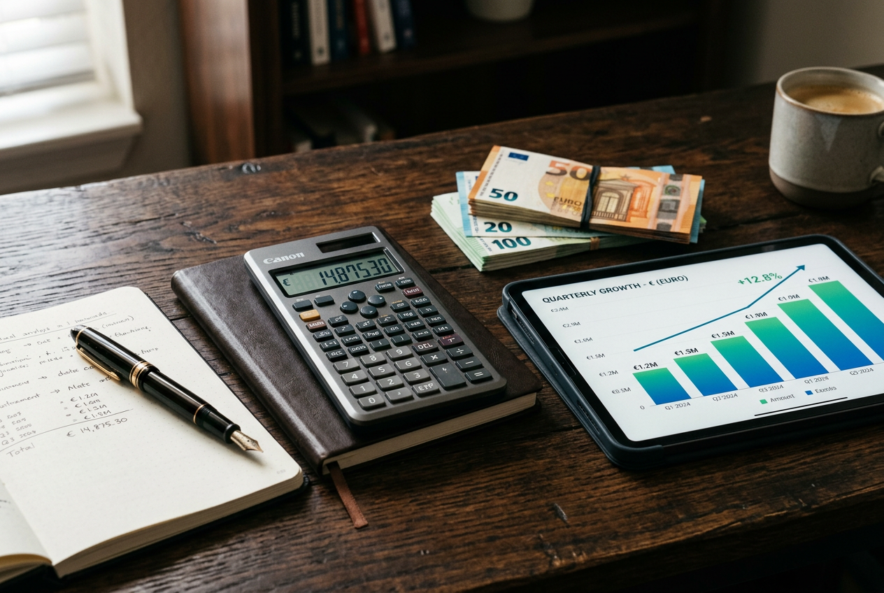 Financial documents and a calculator on a desk, representing gambling tax calculation.